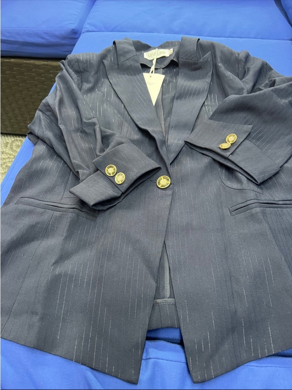 Stylish Navy Pinstripe Blazer with Gold Buttons